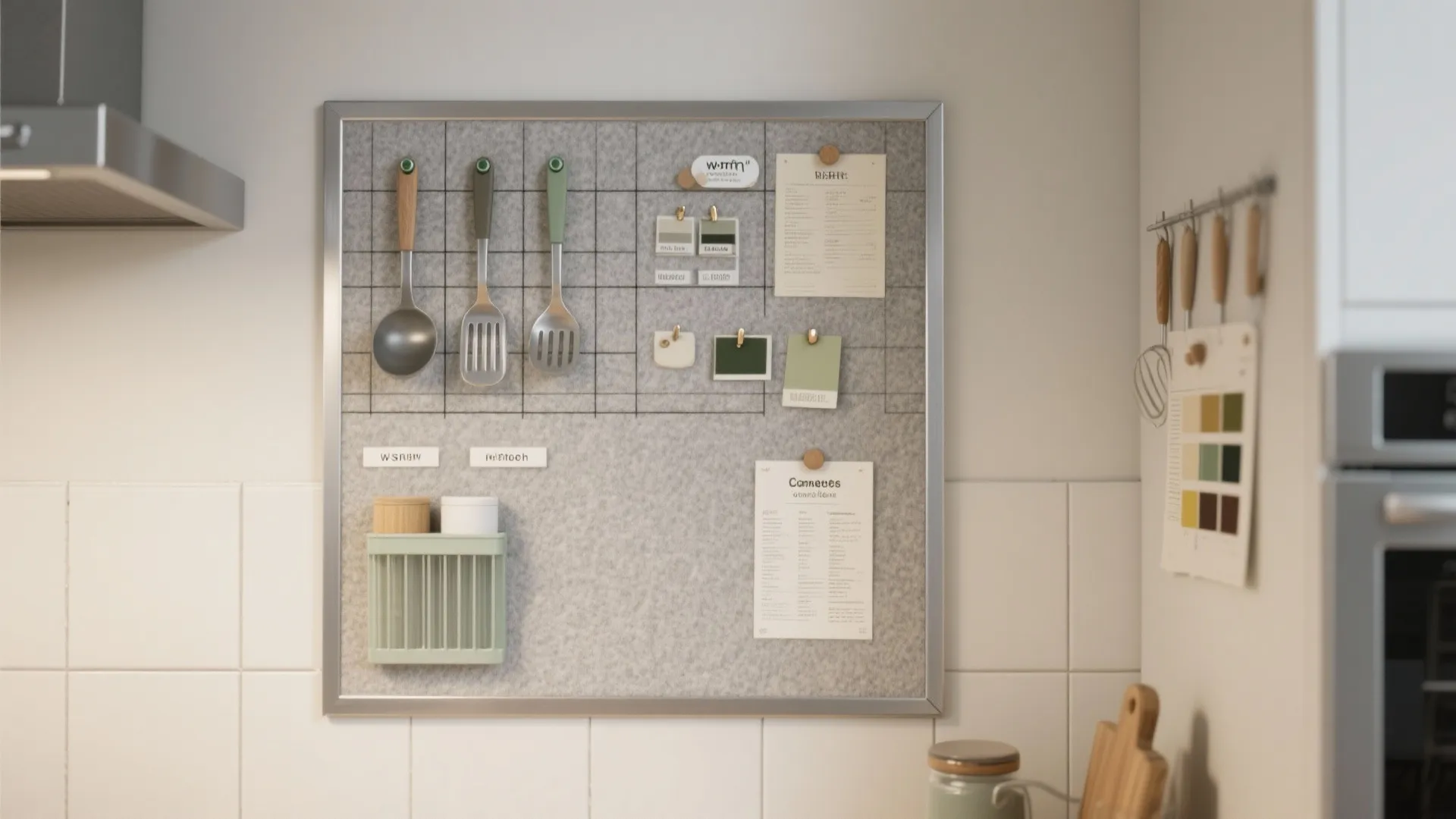 Grey pin board in kitchen holding cooking tools and paper notes above white tiled wall