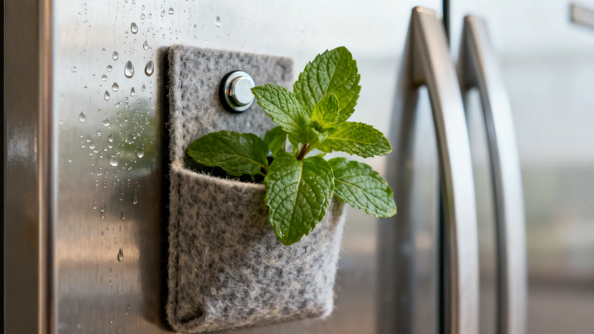 Small green mint plant growing in a grey felt pocket attached to a metal refrigerator