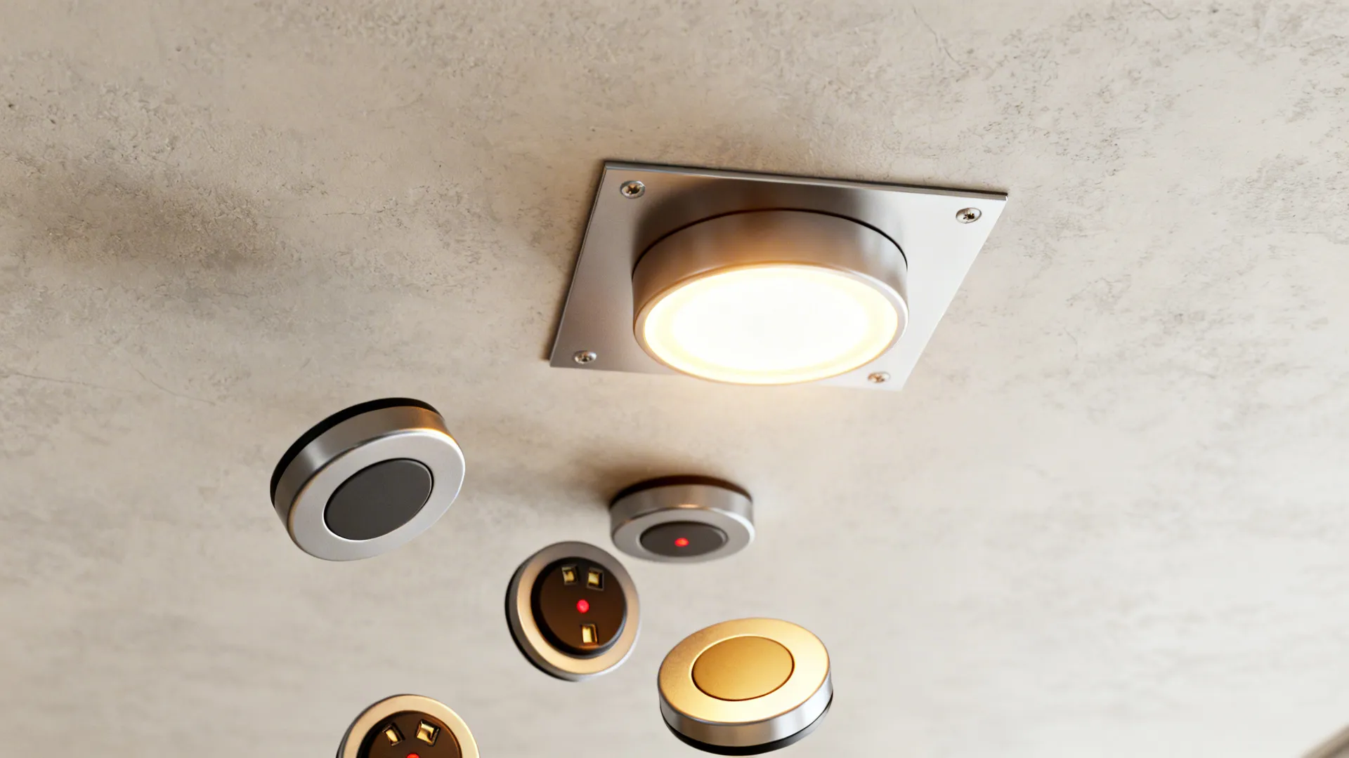 Magnetic puck lights snapping onto thin metal plates with charging contacts, shown from above.