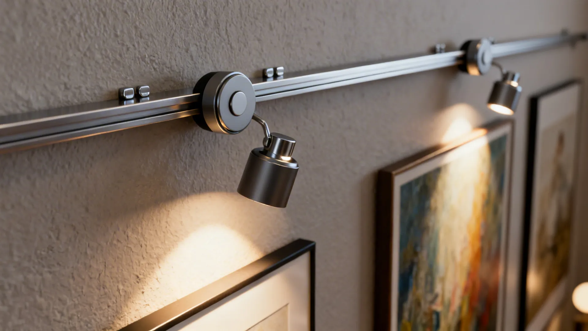 Magnetic puck lights on a steel strip used to adjust spot lighting on wall art