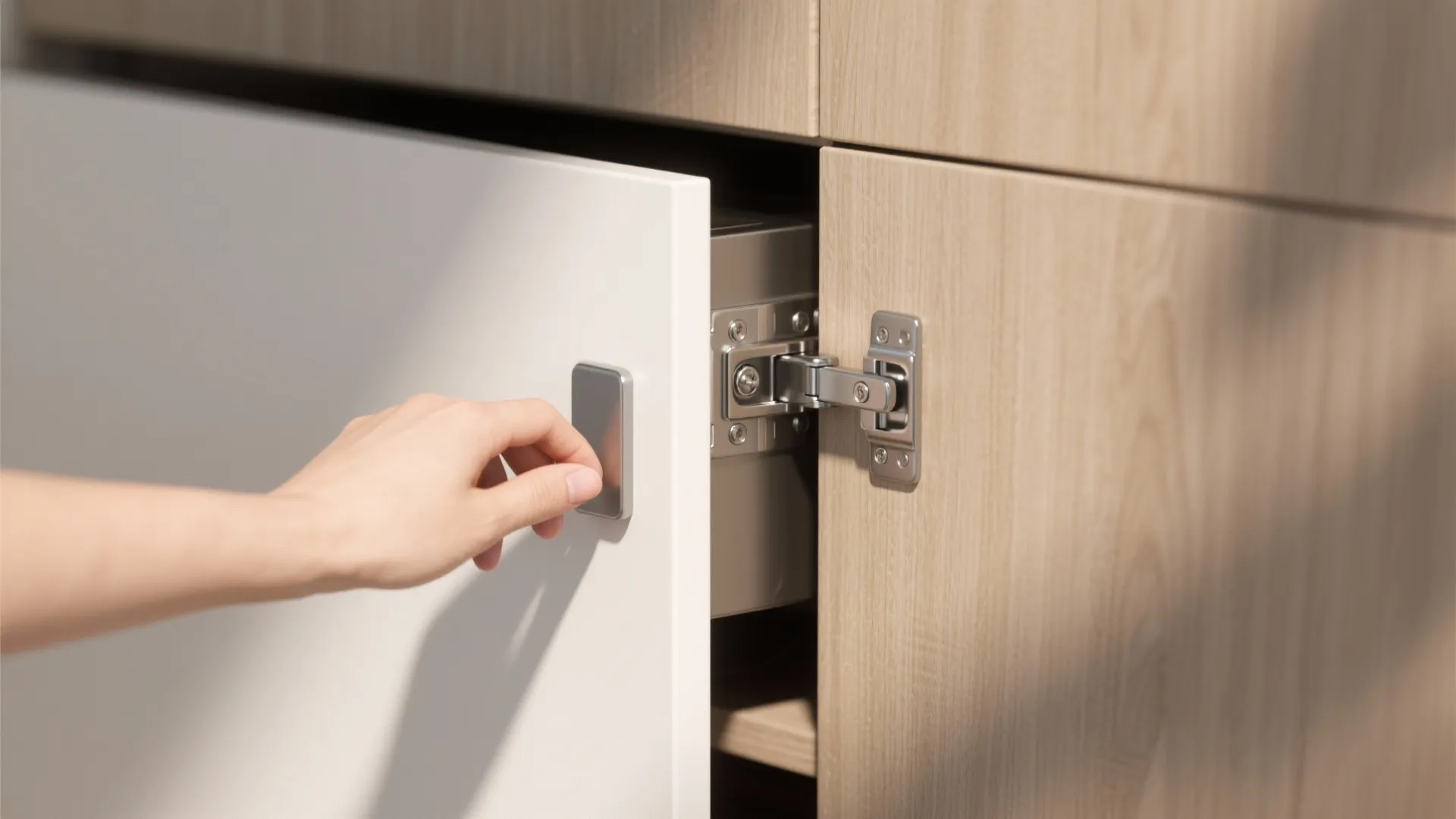 A hand opening a white cabinet door with a silver handle showing the internal metal hinge