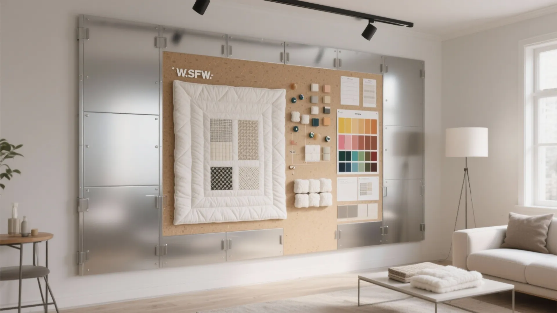 Magnetic wall panel display in a studio showing fabric samples color charts and a quilt