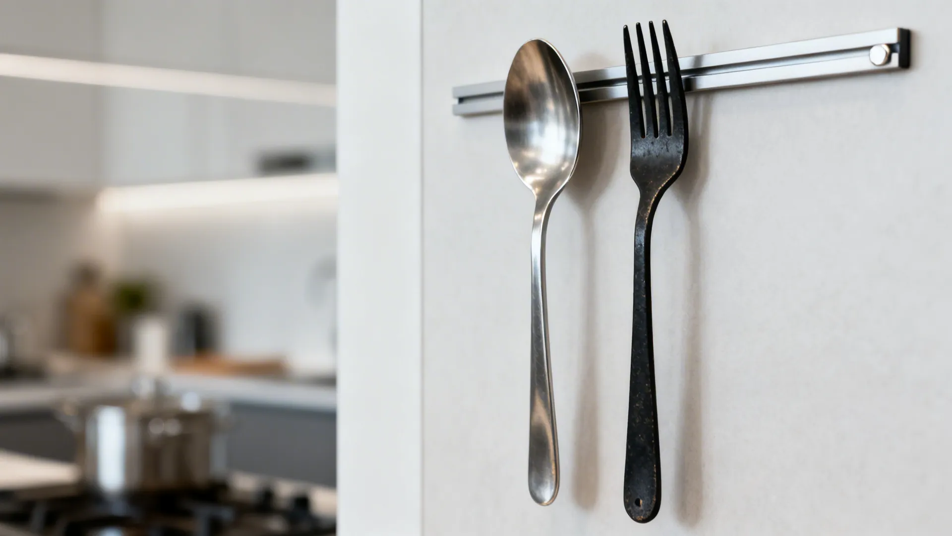 Close-up of brushed stainless and blackened steel utensils on a slim magnetic strip.