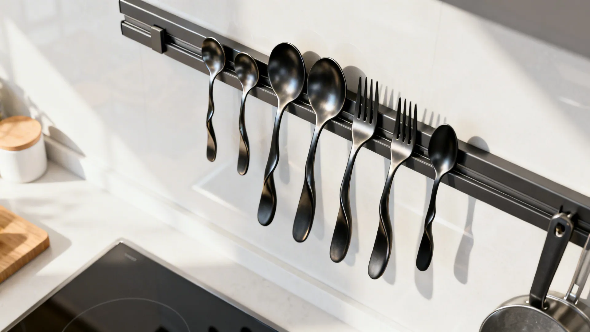 Top-down view of a slim magnetic rack holding sculptural spoons and forks in a tidy layout.