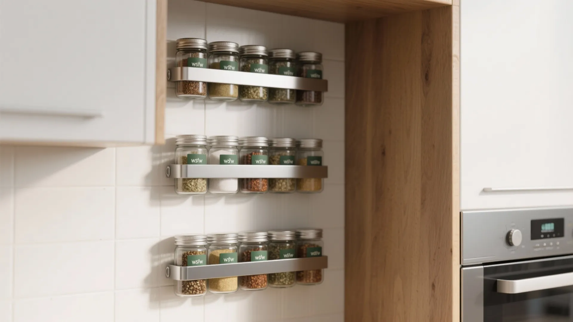 Close-up of vertical magnetic spice strips holding labeled glass jars on a kitchen backsplash and cabinet door.