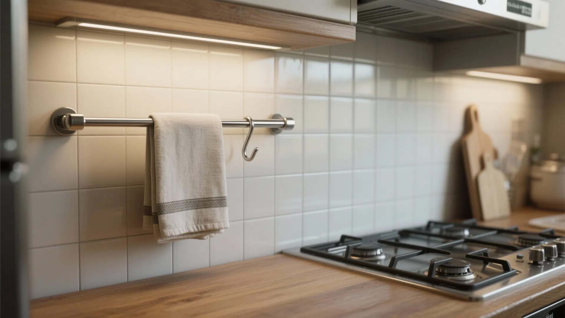 Stainless steel magnetic rail on a tiled backsplash holding a linen towel above a small stove.