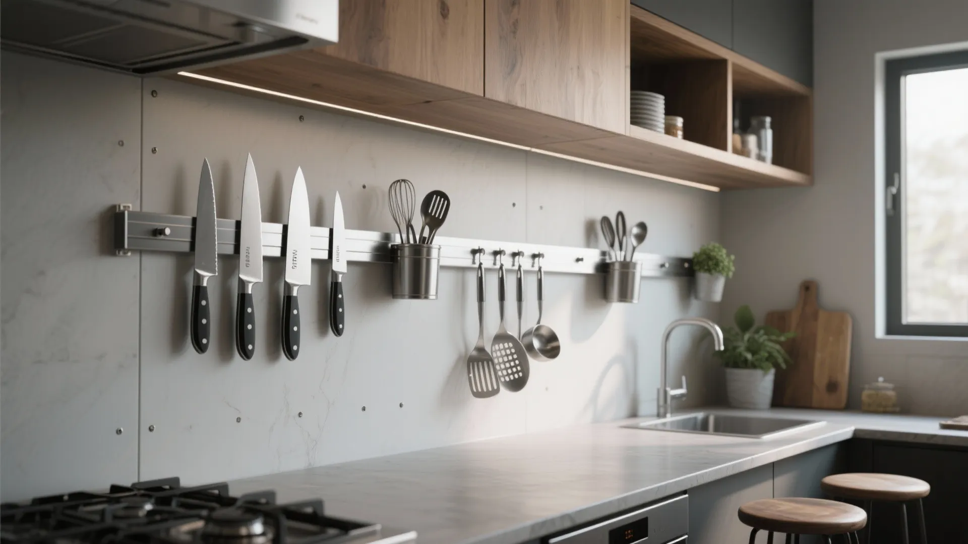 Modern kitchen with magnetic wall rack holding knives and kitchen tools over marble countertop surface