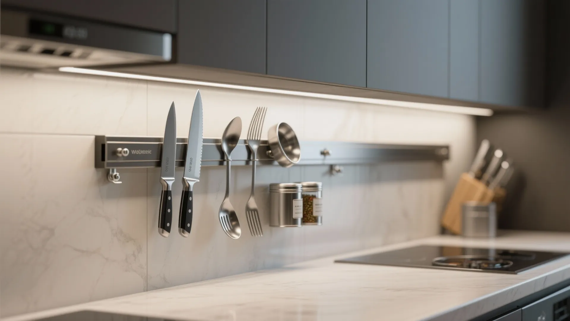 Magnetic kitchen wall rail holding steel knives and cooking spoons above white marble countertop surface area