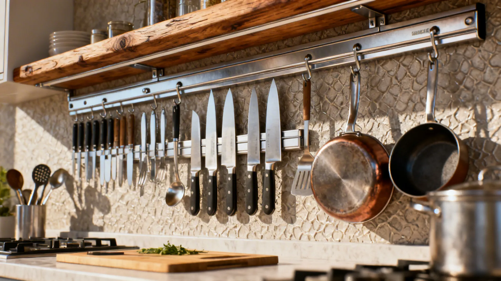 Magnetic knife strip and hanging rail with utensils above a clean prep counter