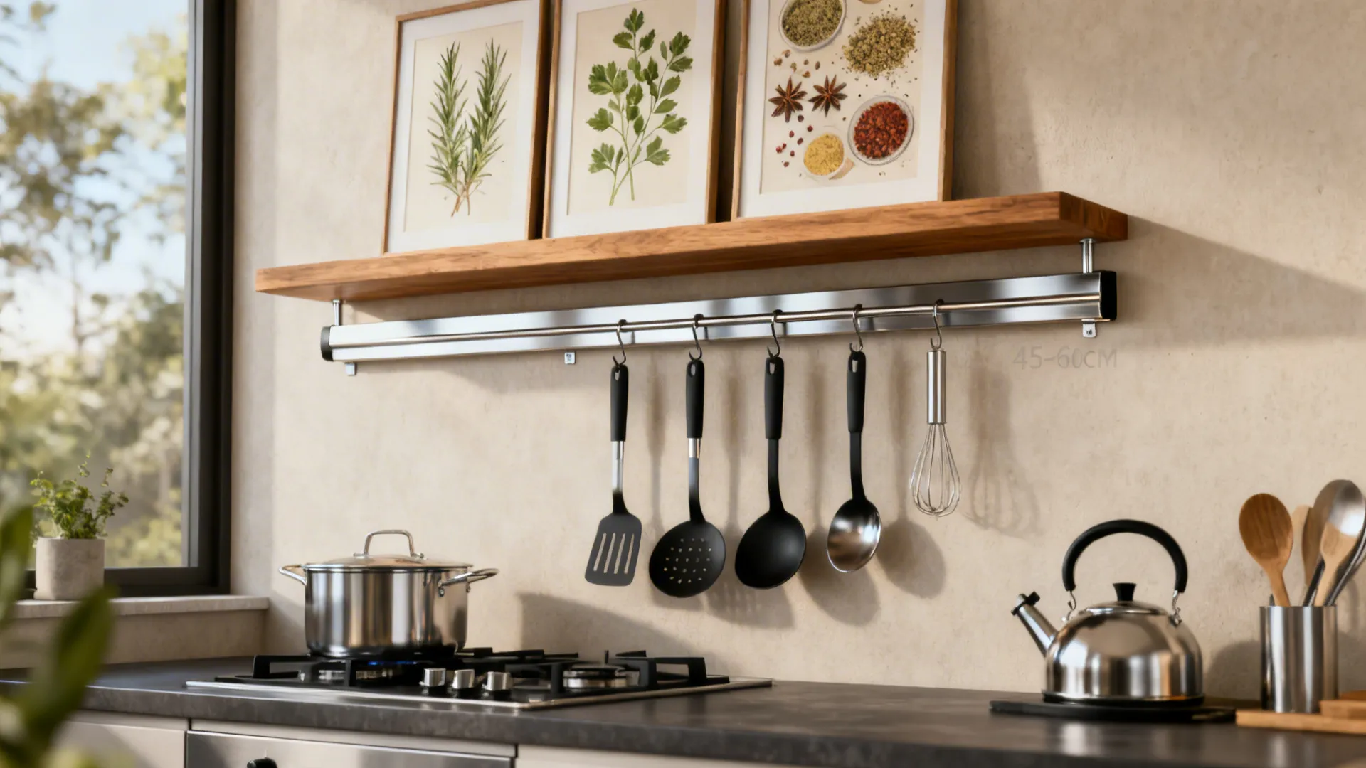 Small kitchen wall with a brushed metal magnetic rail and framed culinary prints above.