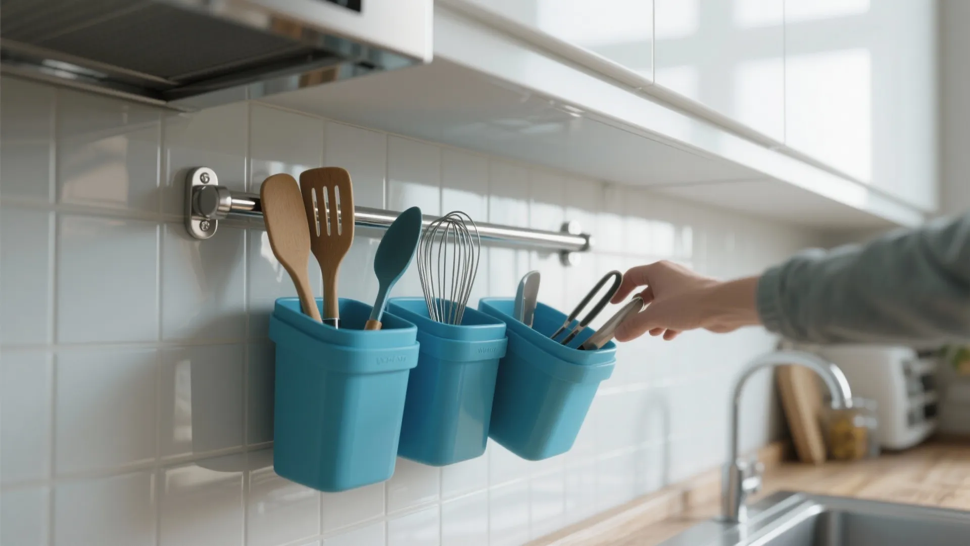 2. Magnetic stainless steel rail with blue silicone bins