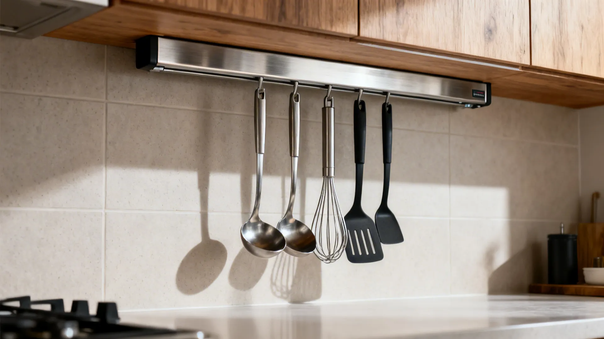 Macro view of a stainless magnetic rail under cabinets holding utensils above the counter.