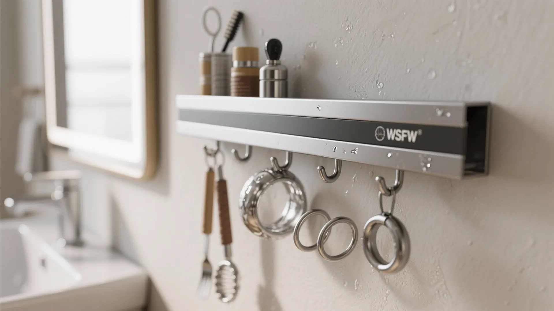 Silver metal storage rail with hooks holding kitchen tools and small bottles on a white wall