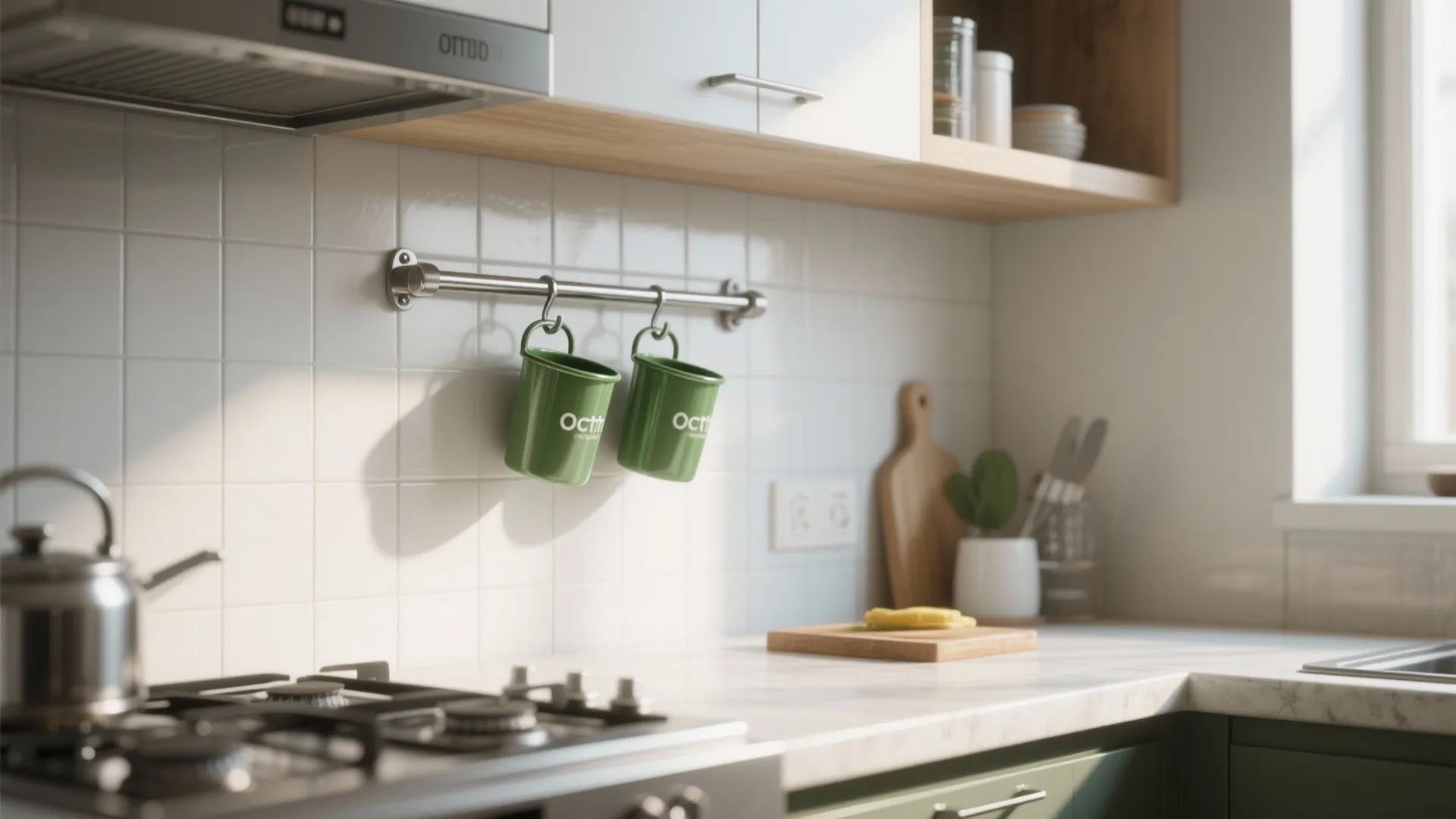 Modern kitchen with green hanging cups on metal rail white tile wall and marble countertop