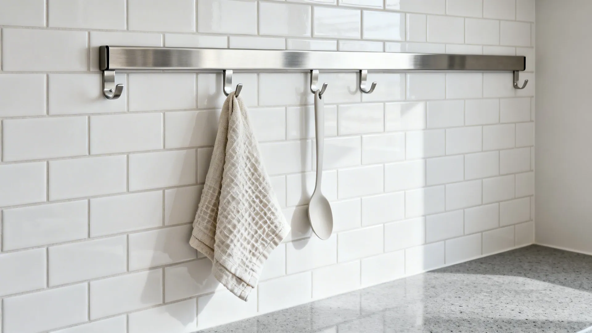 Magnetic stainless rail with removable hooks on white tile holding a tea towel in a compact kitchen.