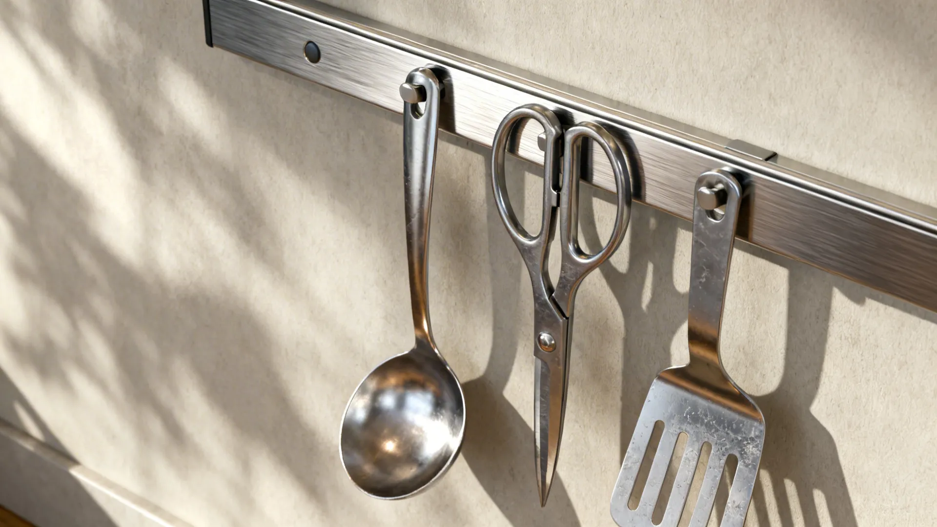Macro view of a brushed stainless magnetic rail holding essential kitchen tools.