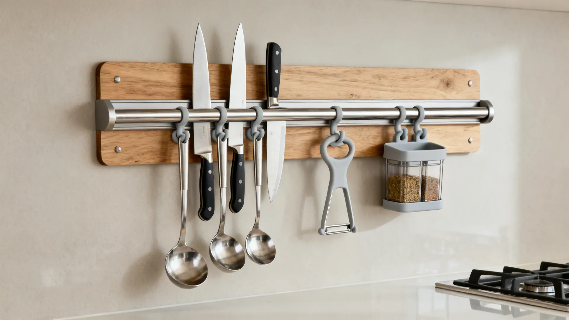 Stainless magnetic knife strip and modular rail with hooks and spice caddy above a prep counter.