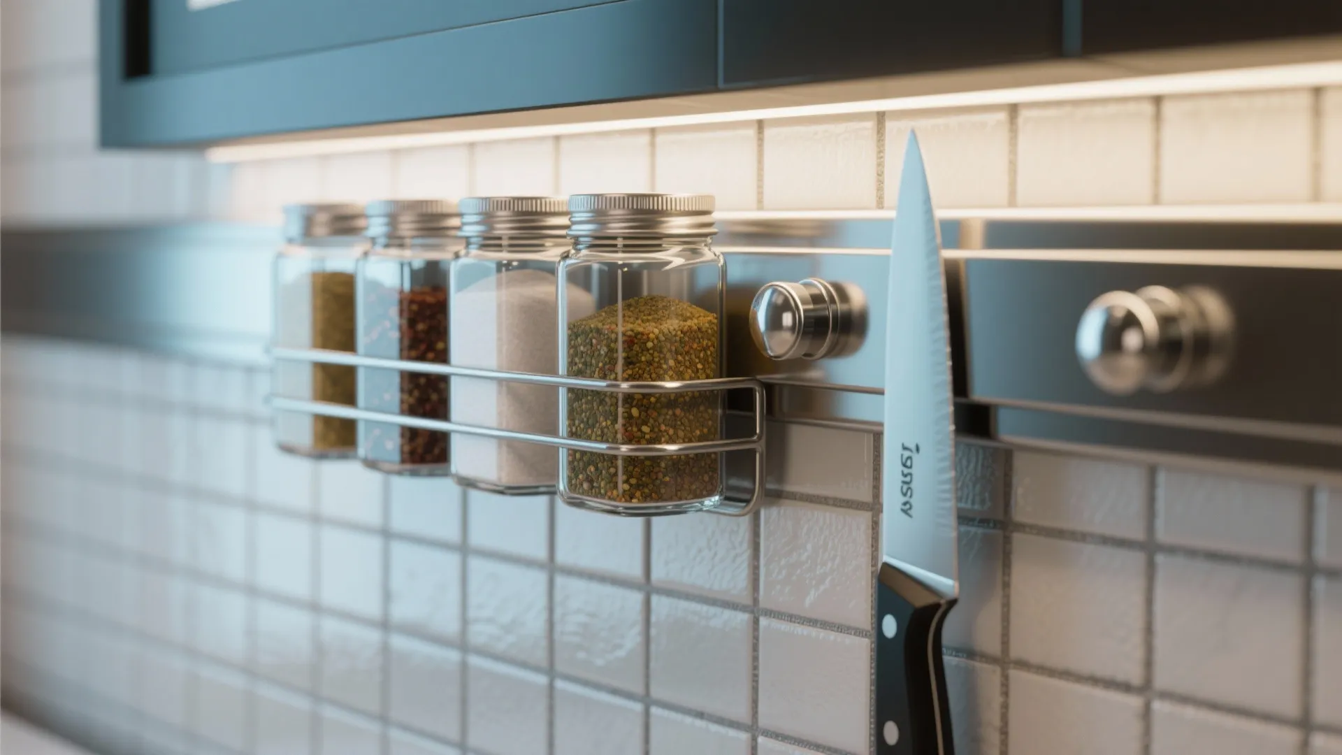Silver metal magnetic wall rack holding glass spice jars and a kitchen knife over white tiles