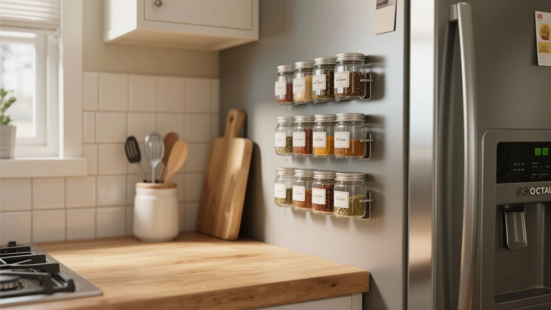 Magnetic glass spice jars attached to a refrigerator side in a kitchen with wooden kitchen counter