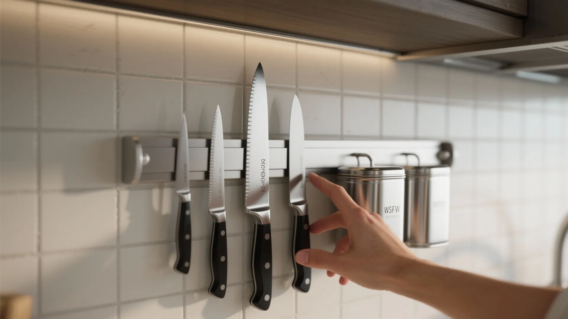 A hand reaching for a knife on a magnetic wall strip in a white kitchen