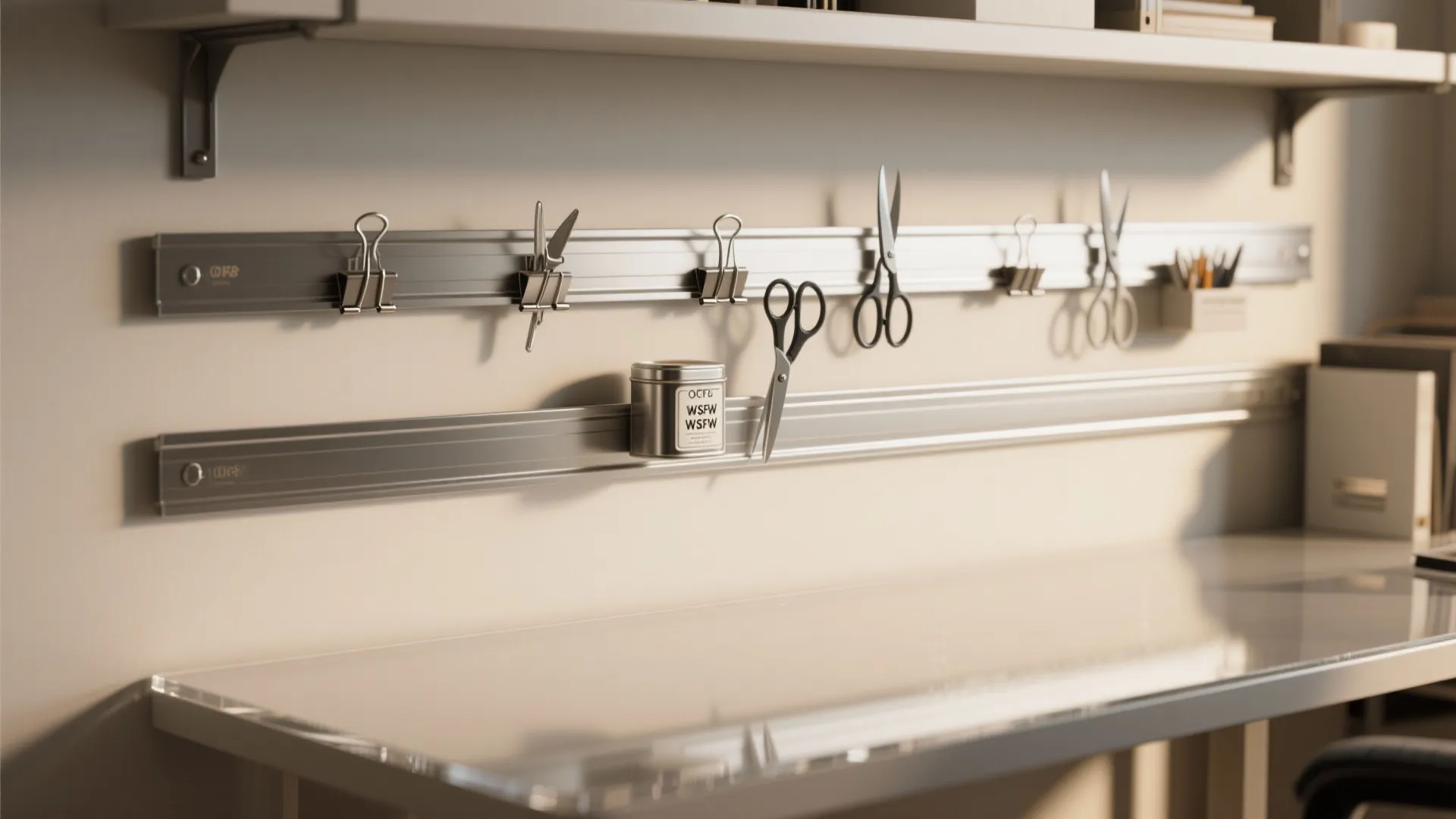 Metal wall rails with magnetic clips and hooks holding scissors and tools above white desk