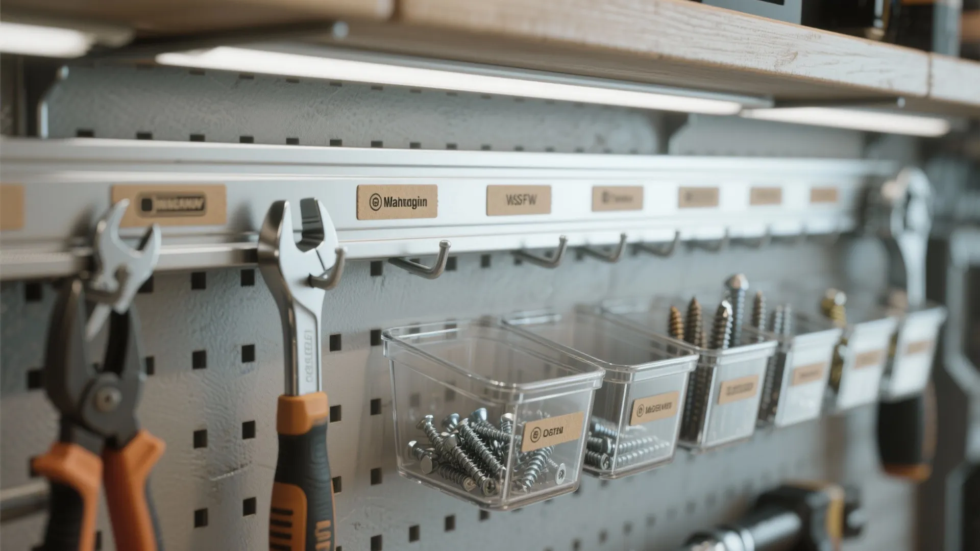 3. Magnetic rails + labeled bins for small parts