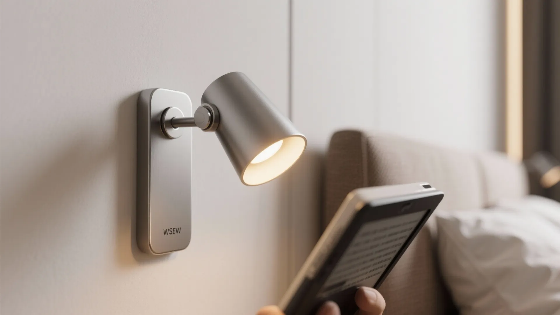 Silver wall light mounted next to bed shining on a person holding a digital tablet