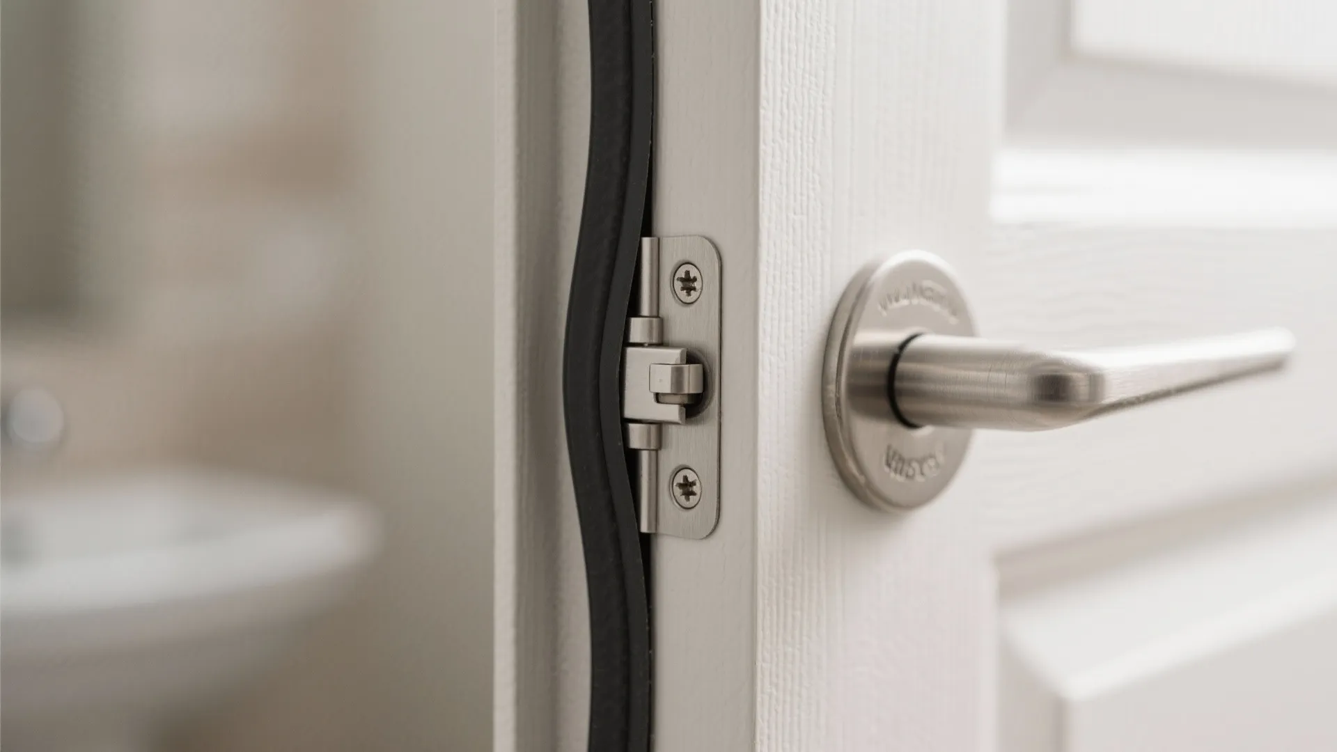 Close up view of a white door hinge with a black rubber seal and handle