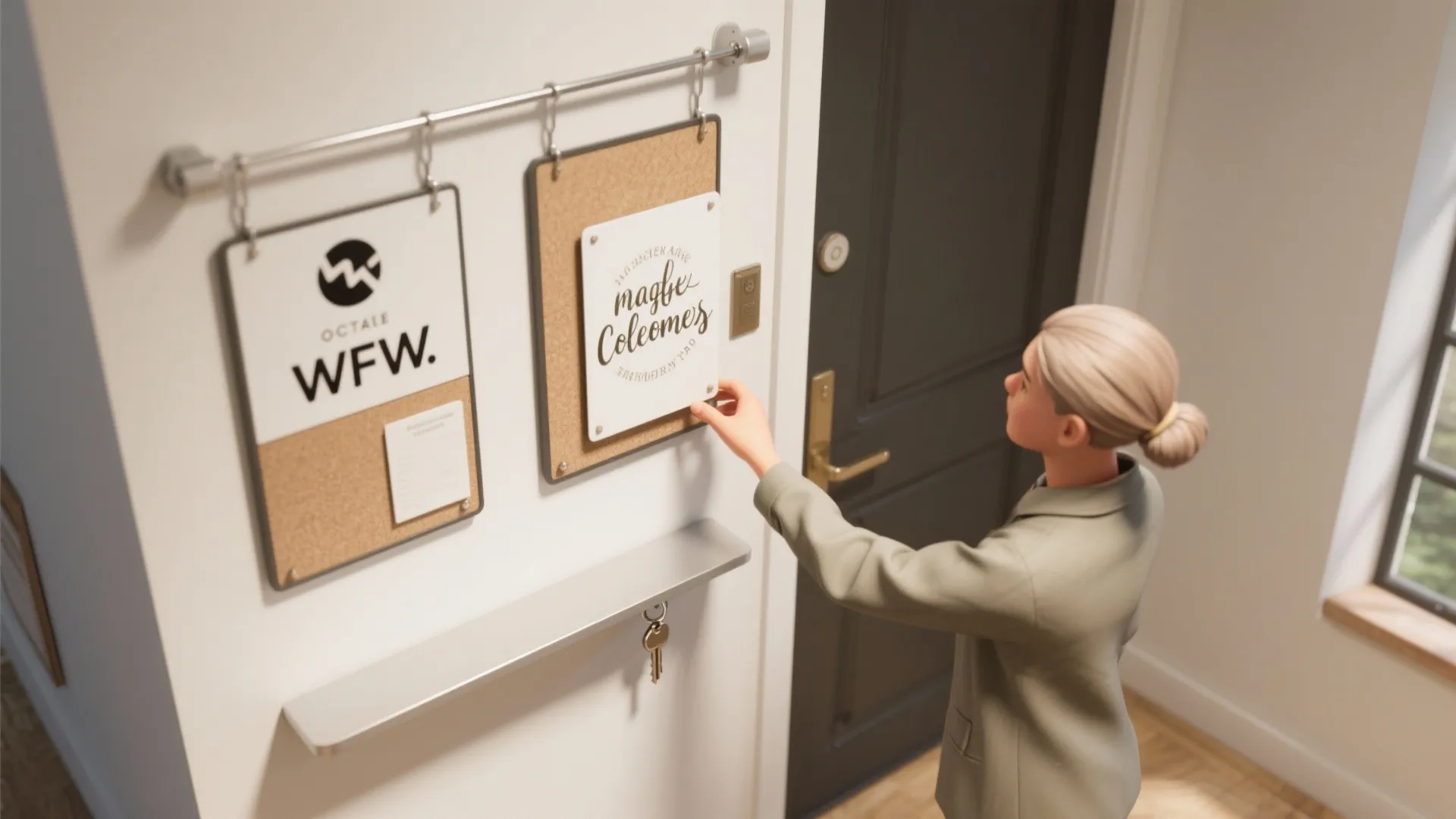 Woman standing by entryway wall hanging signs on boards next to a dark front door