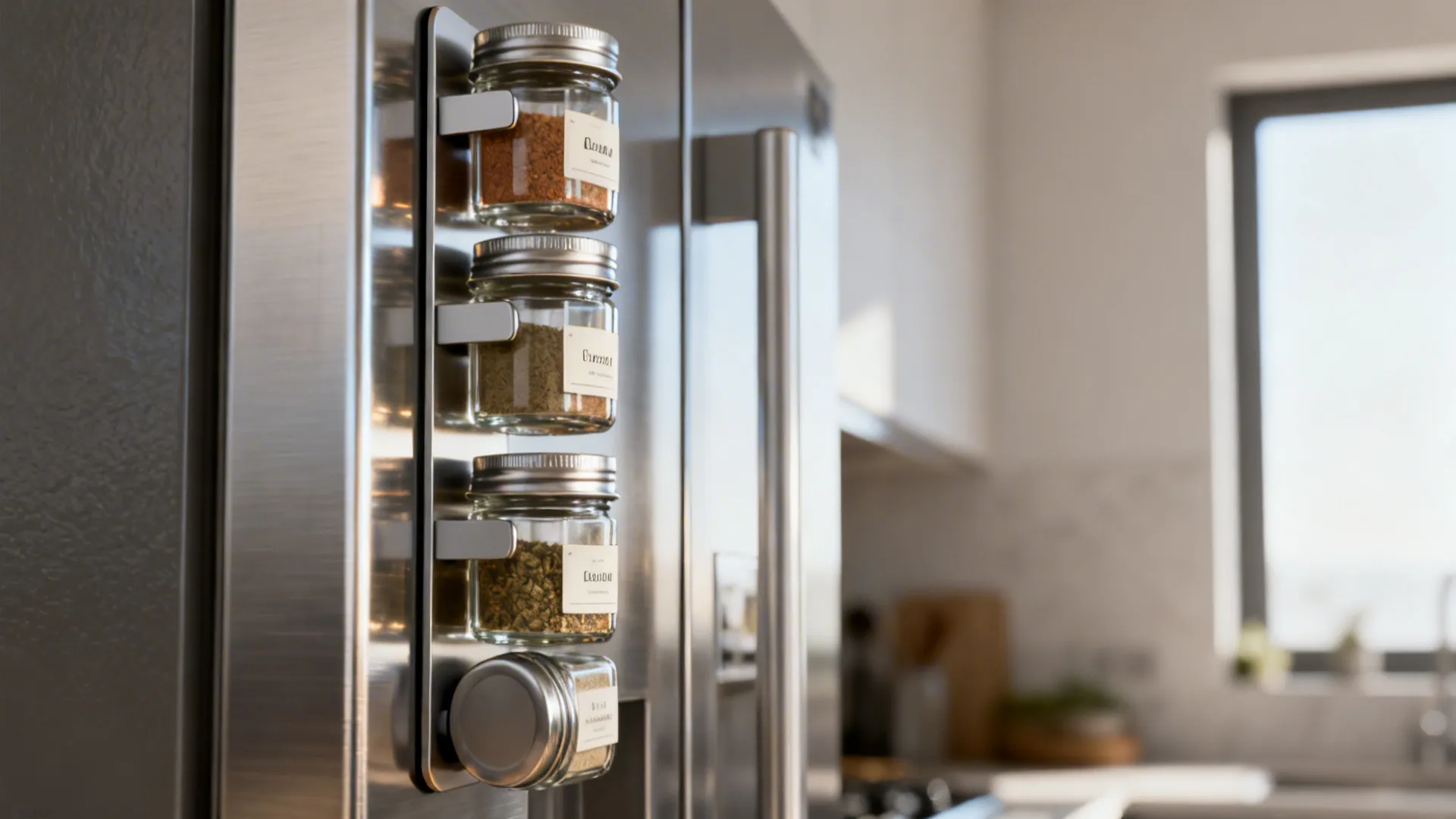 Thin magnetic spice jars with uniform labels attached to a slim stainless fridge side.