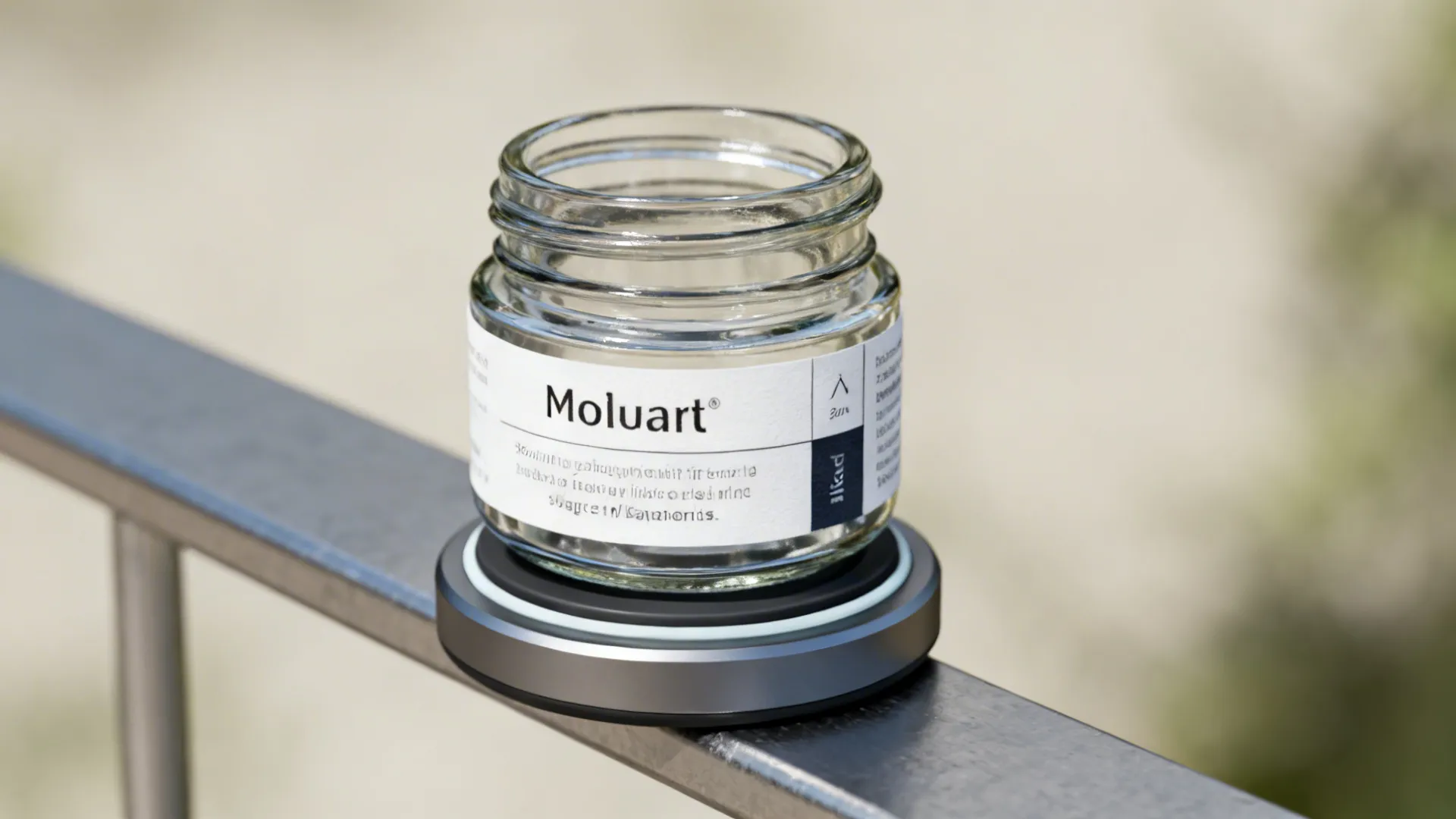 Clear glass spice jar with white label sitting on a magnetic base on metal railing