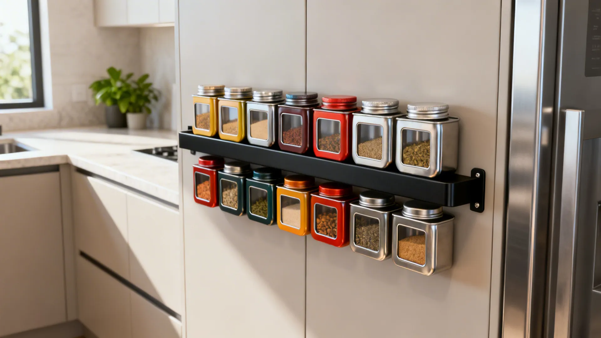 Magnetic spice tins arranged on a steel strip at eye level in a compact kitchen.