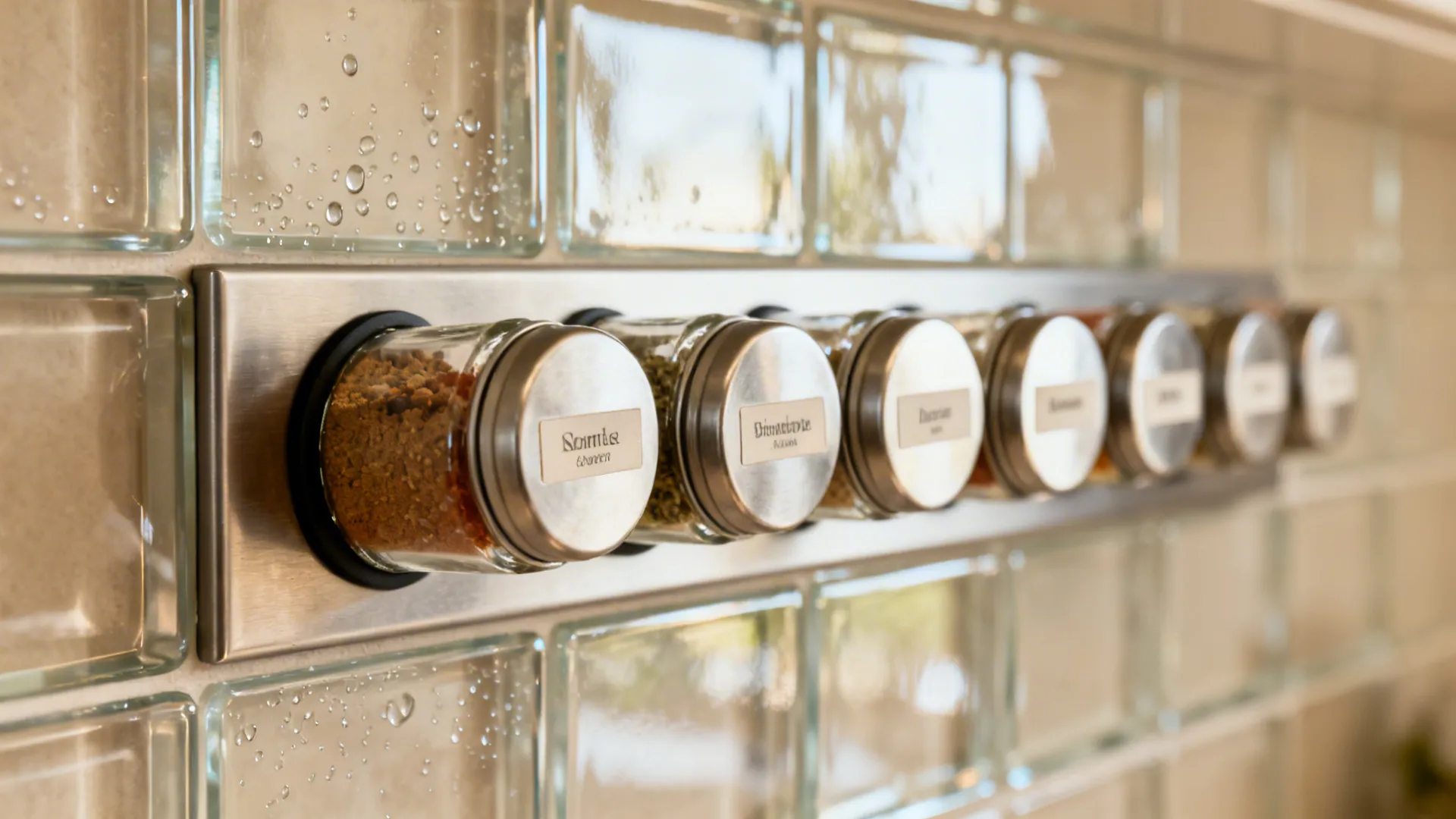 Glass backsplash and jars for airy brightness