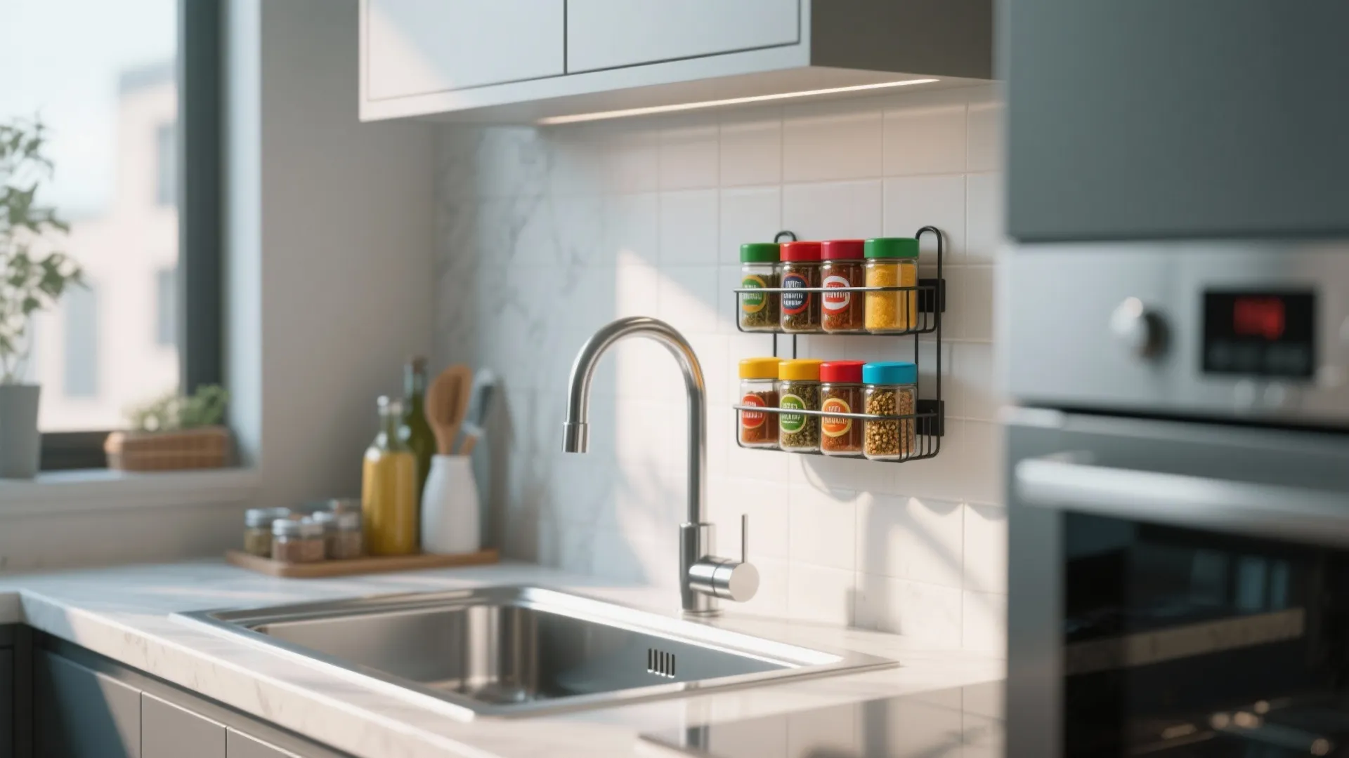Modern kitchen sink with metal faucet featuring a spice rack attached to the white wall