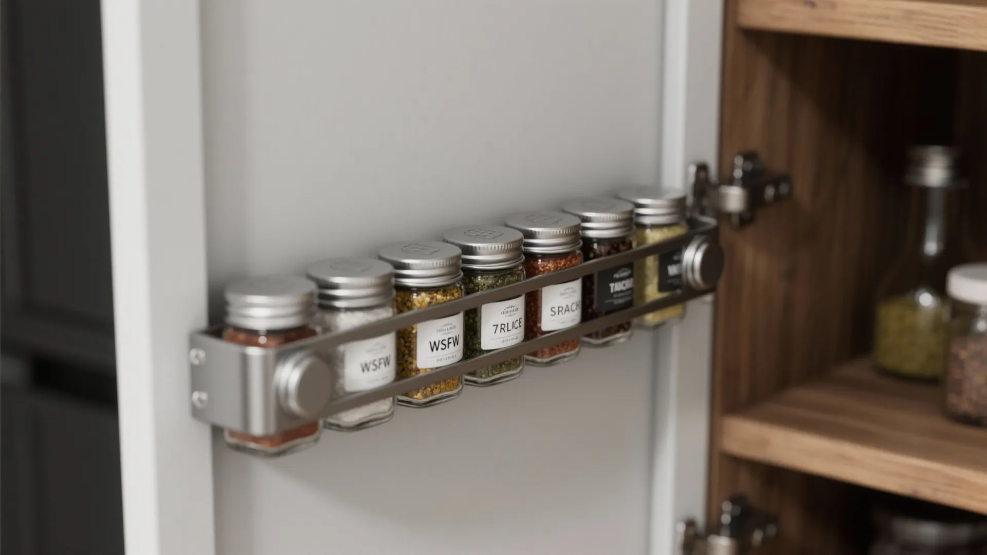 Magnetic spice strips on a cabinet door holding metal-lidded jars and labeled tins.