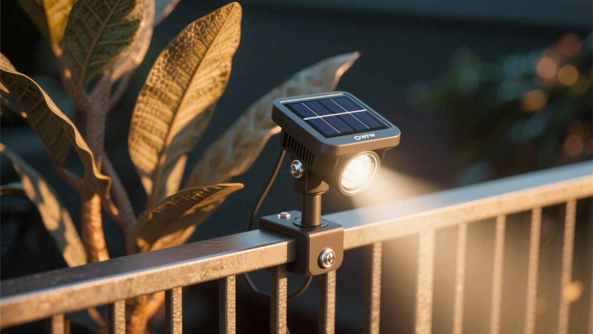 Small black solar light fixture clamped onto outdoor metal railing shining light on green leaves