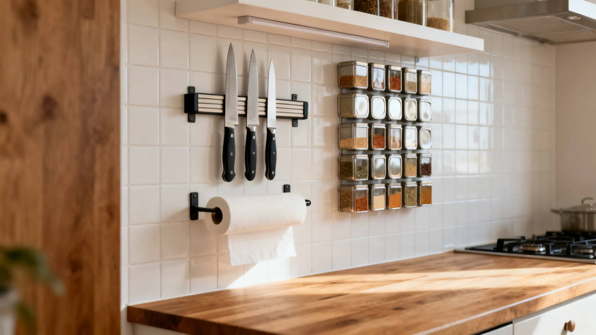 White tiled kitchen wall with magnetic knife rack spice jars and a paper towel holder