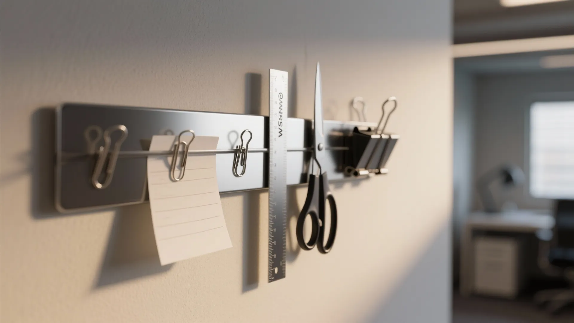 Metal magnetic wall strip holding paper clips, a small note, ruler, and scissors for organization