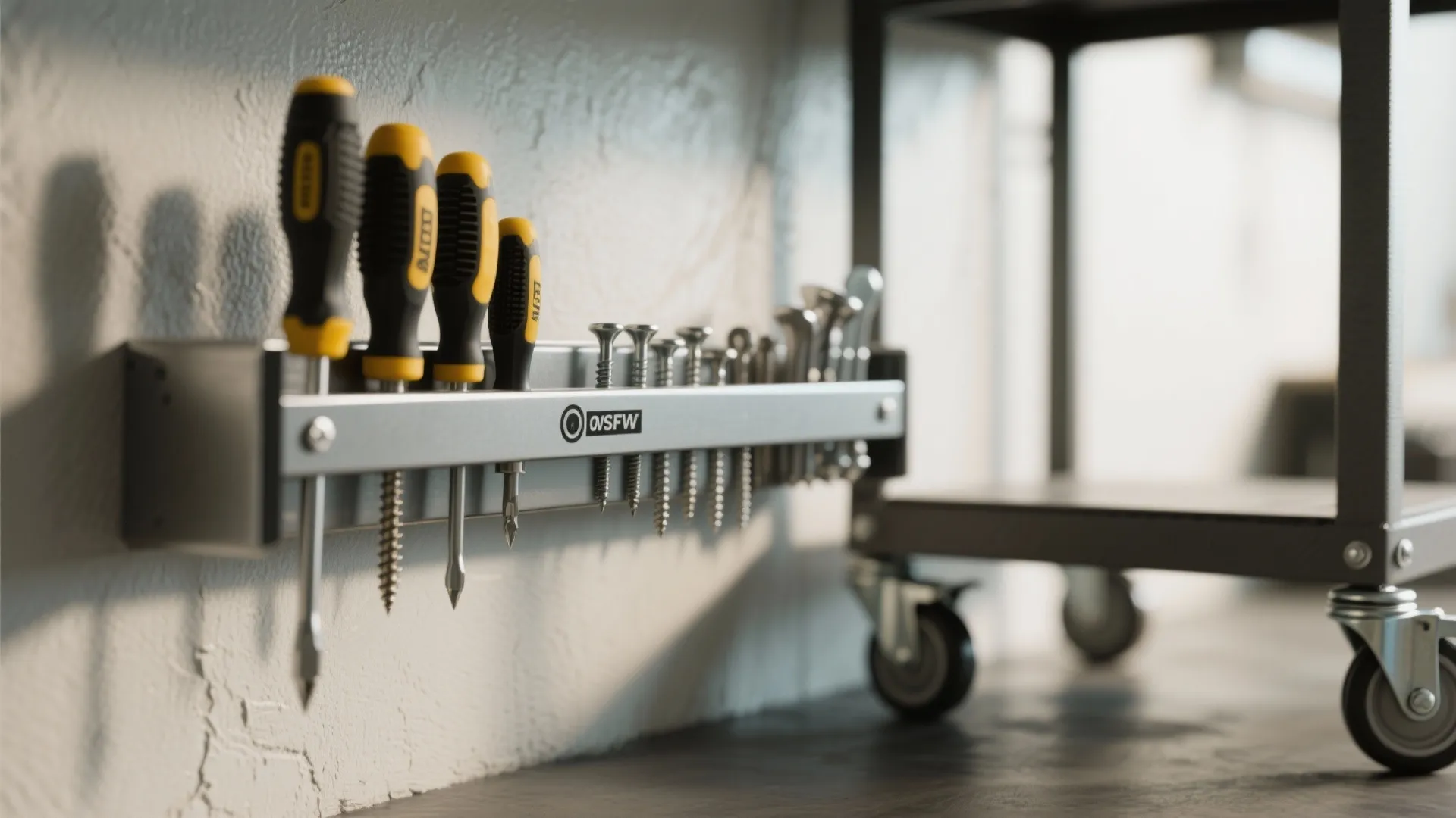 Metal magnetic wall rack holding yellow screwdrivers and metal screws next to a rolling cart