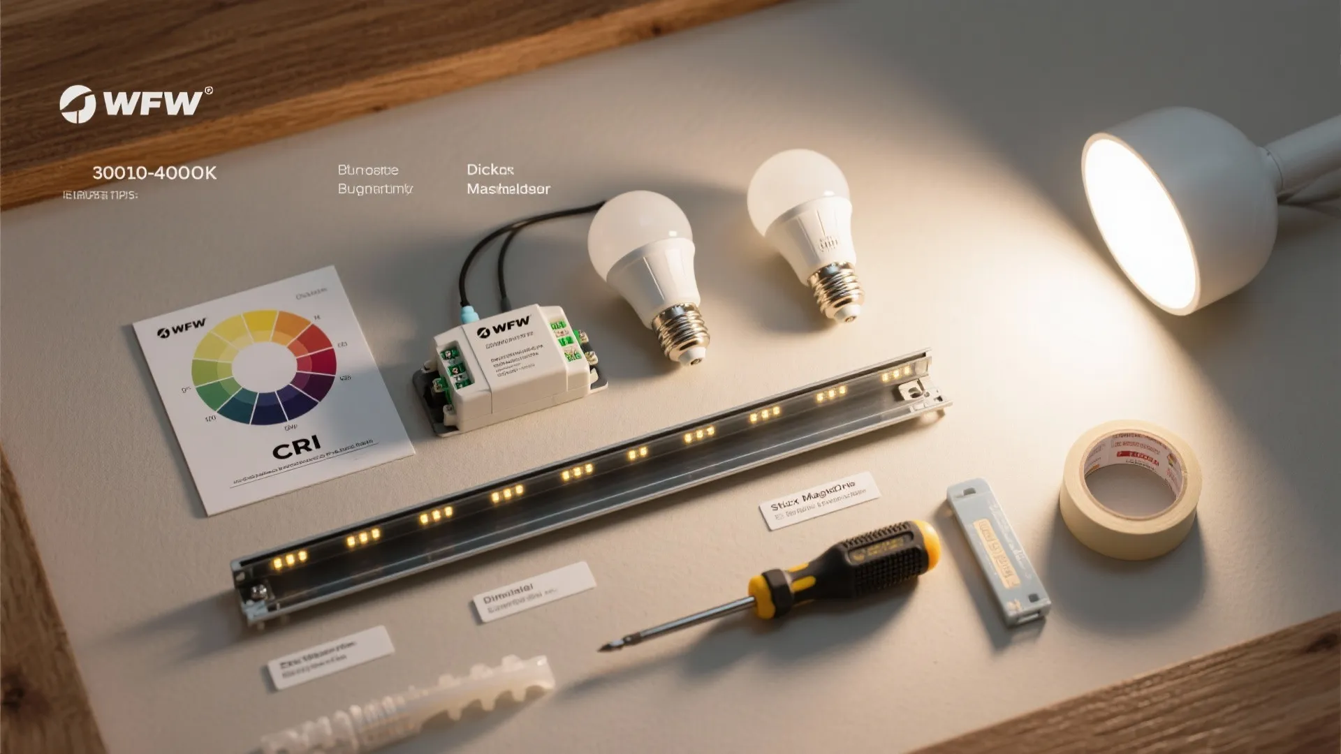 Lighting installation tools including light bulbs screwdriver tape and LED strip on a flat surface