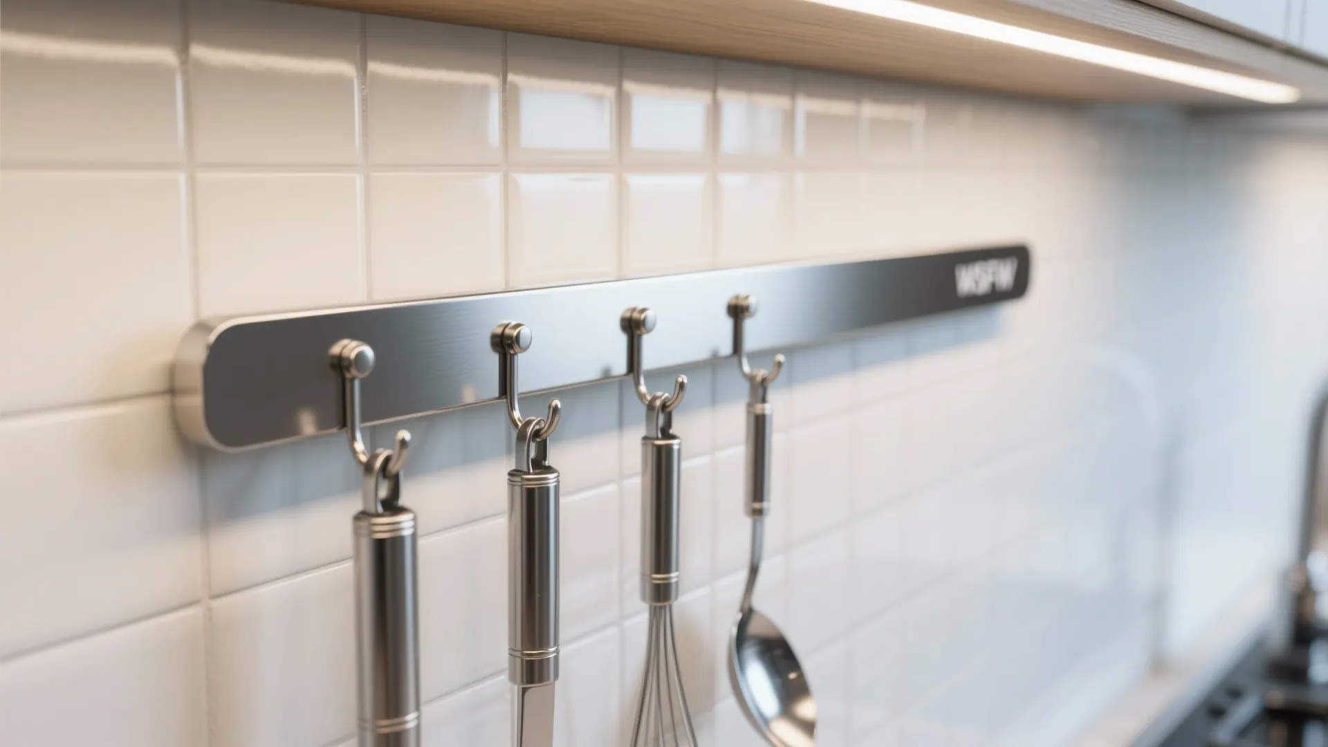 Metal kitchen wall rack with hooks holding stainless steel cooking tools against a white tiled wall