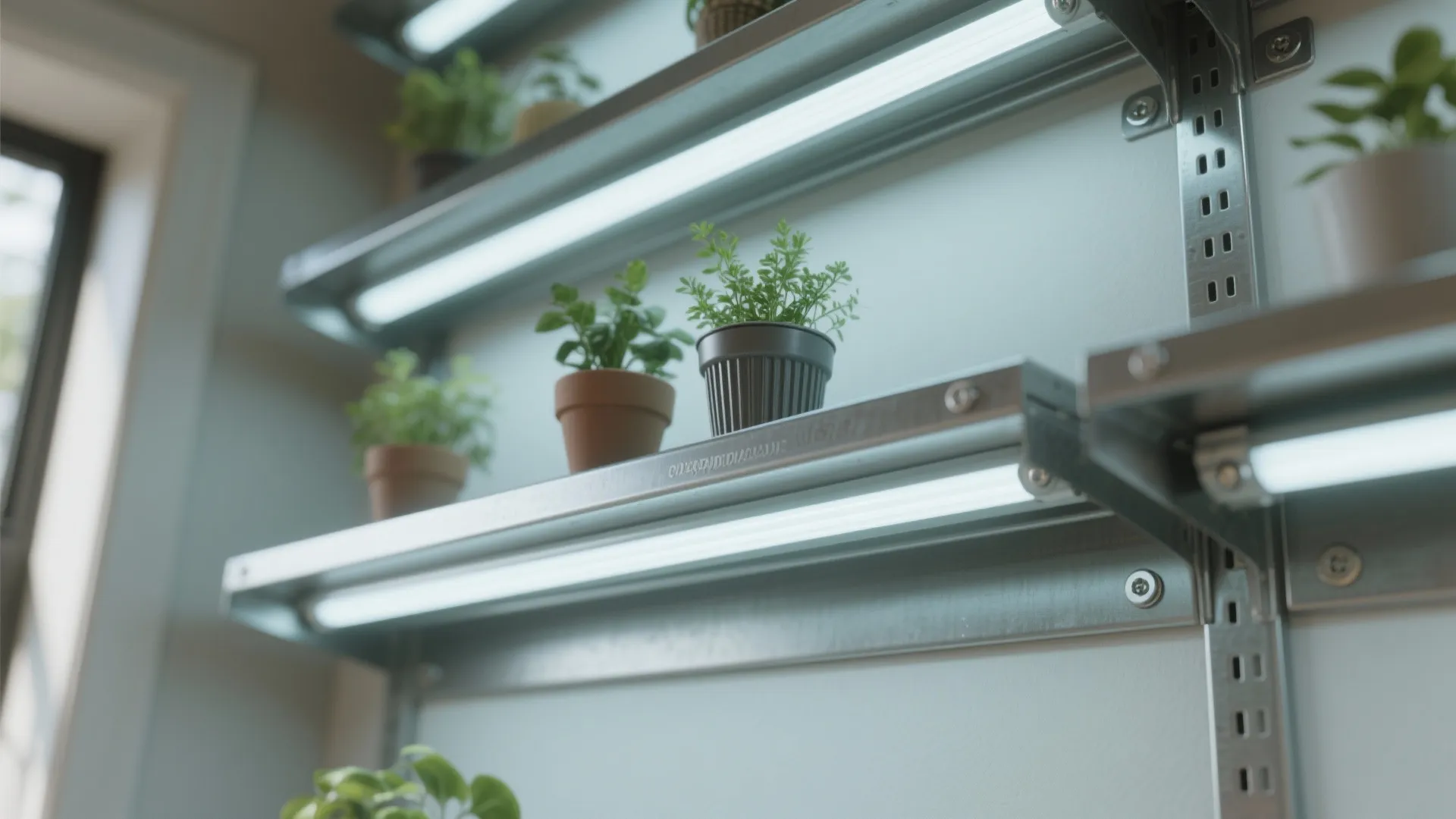 Close up of metal shelving unit with small green plants under bright white light fixtures