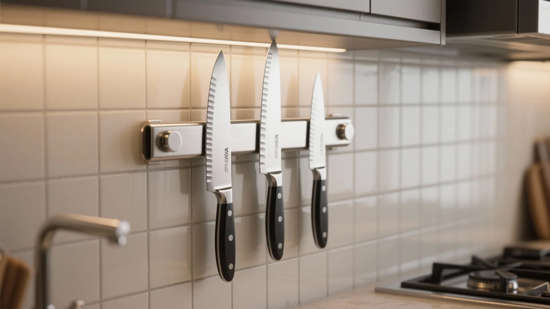Three metal knives hanging on a magnetic wall strip above a tiled kitchen backsplash counter