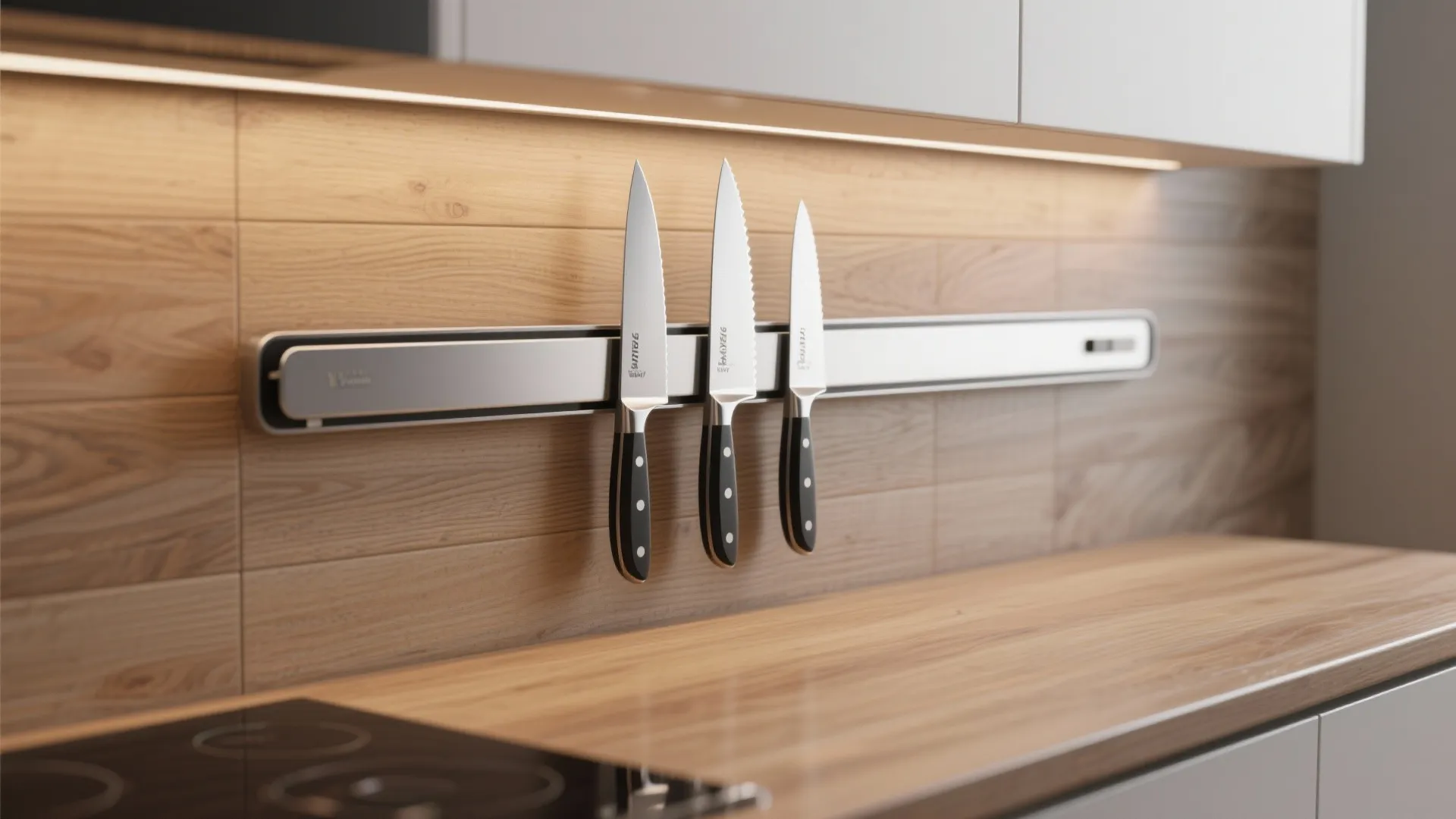 Three steel kitchen knives attached to a magnetic wall strip above a wooden kitchen countertop
