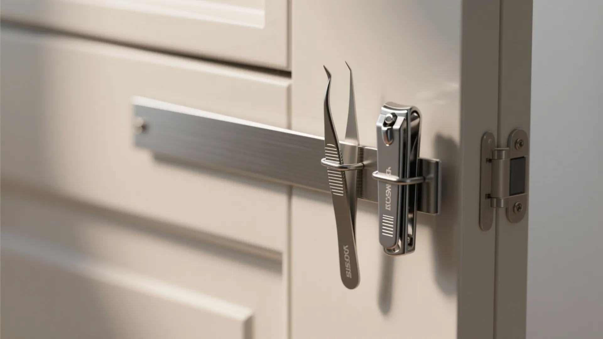 Magnetic metal strip holding metal tweezers and nail clippers inside a white bathroom cabinet door