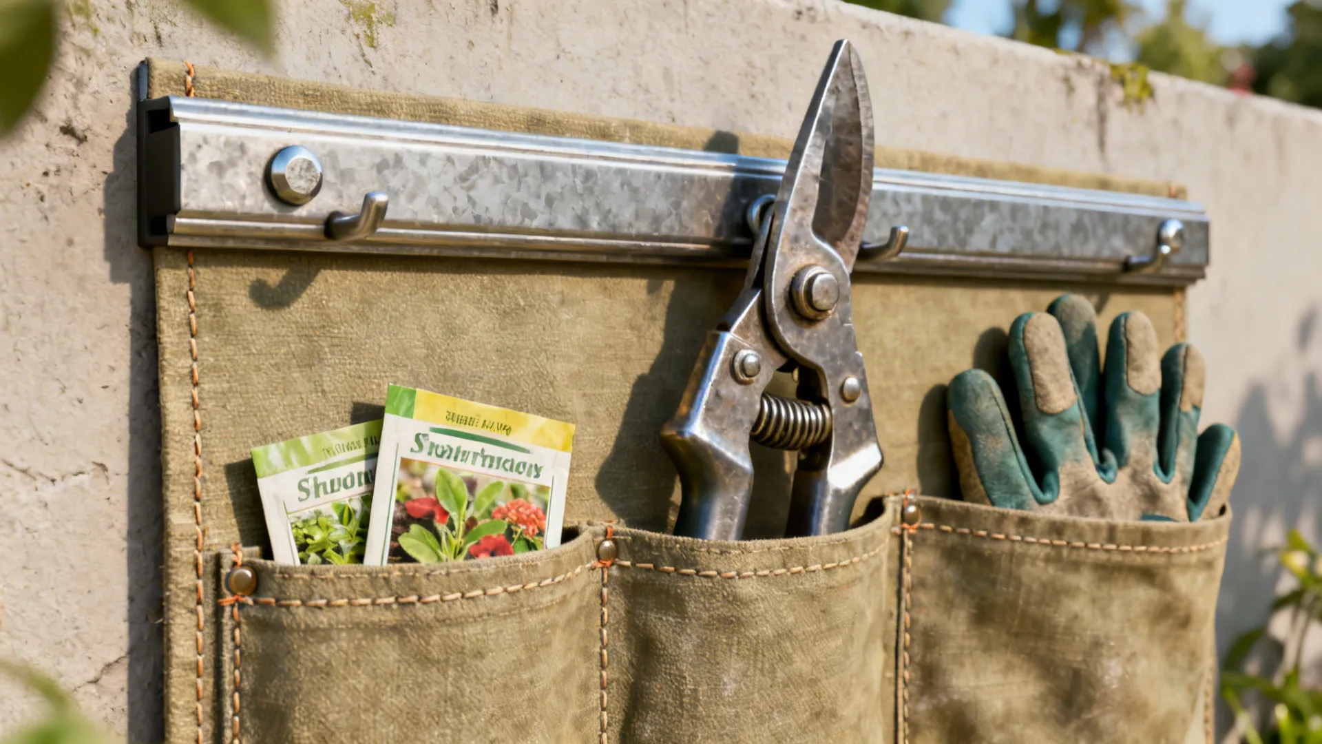 Magnetic strip holding pruners and a canvas pocket panel with gloves and seed packets on an outdoor wall.