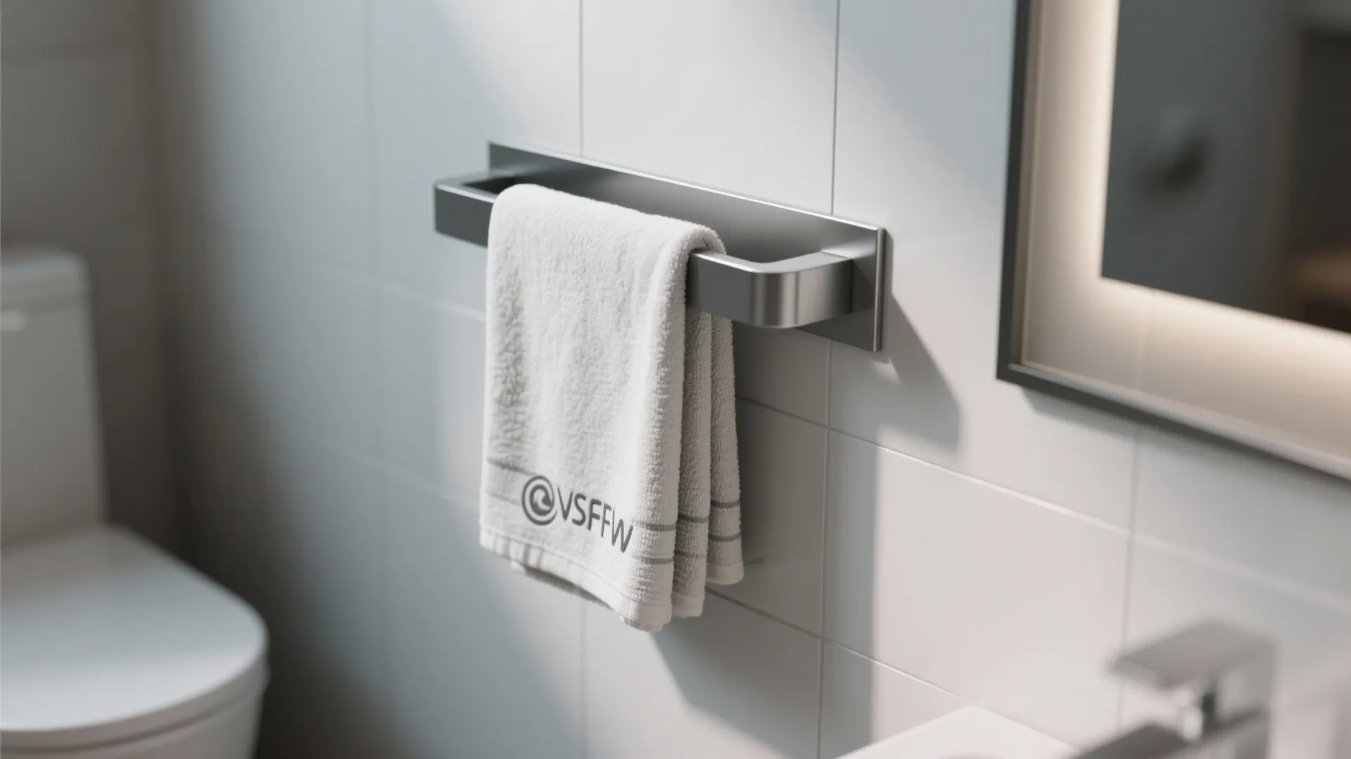 Close up of a white hand towel hanging on a silver metal towel bar rack