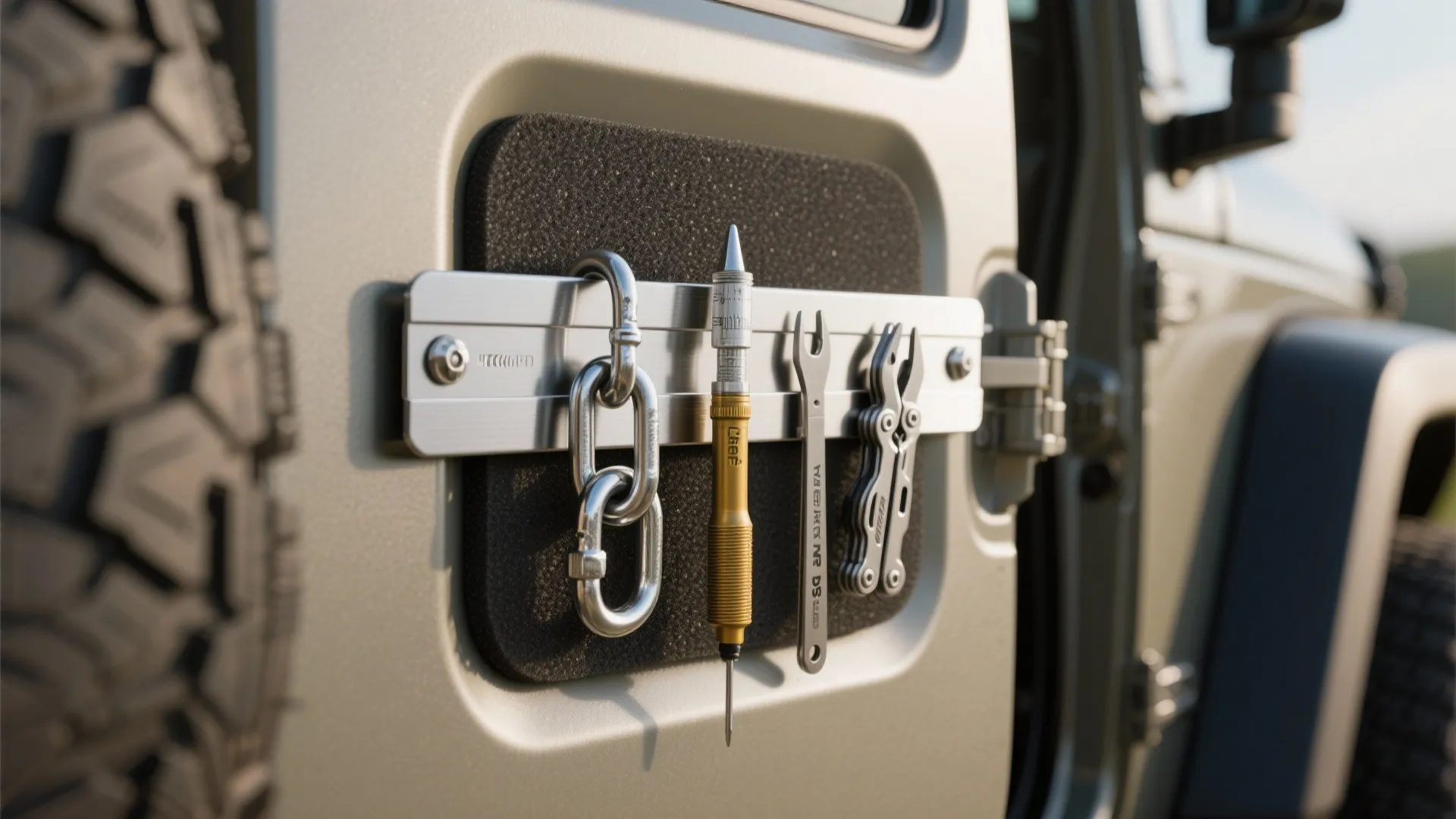 Magnetic metal tool holder mounted on car door holding chain wrench and small hand tools
