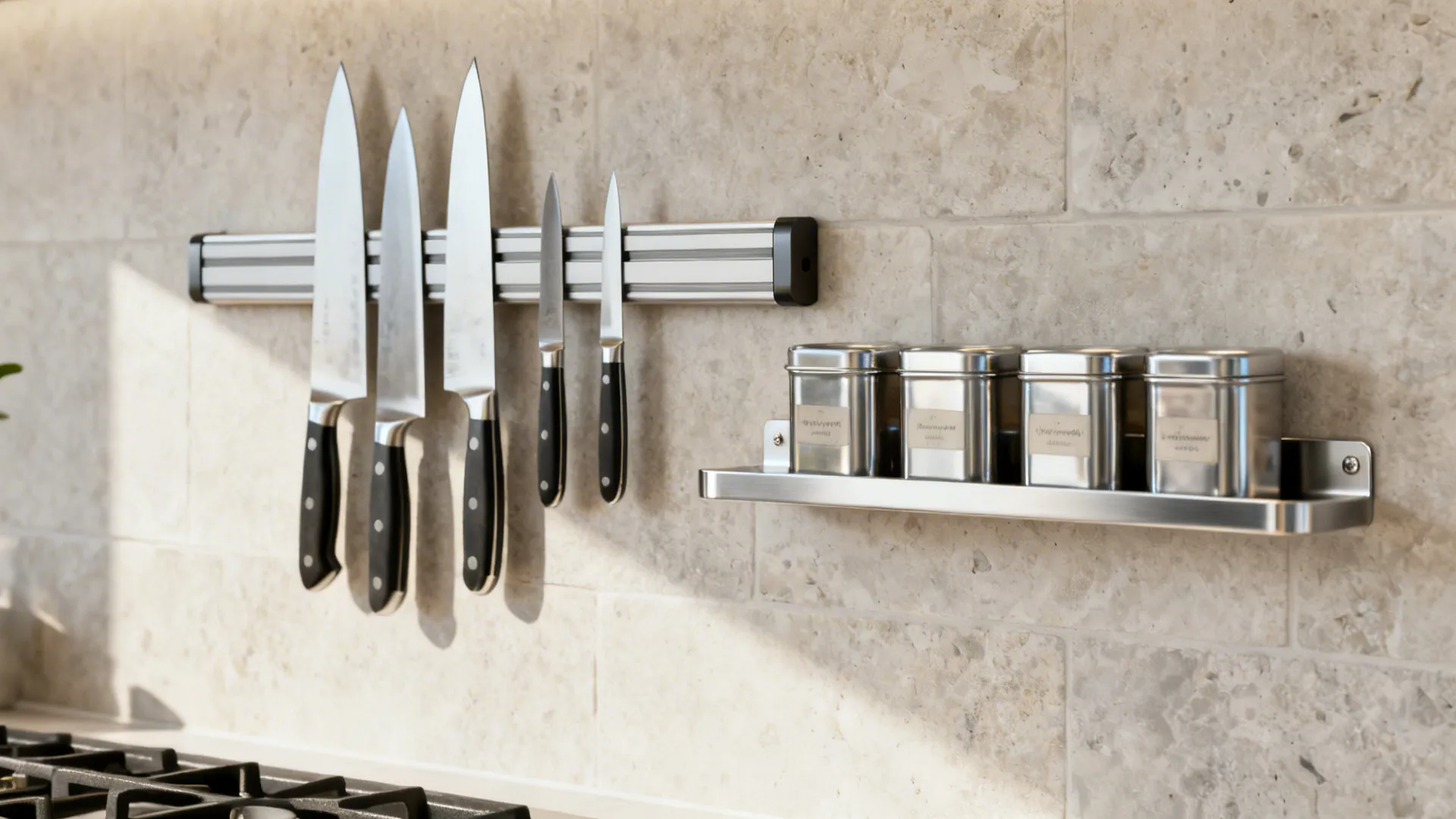 Two magnetic strips on a backsplash holding knives and metal spice tins in a minimalist kitchen.