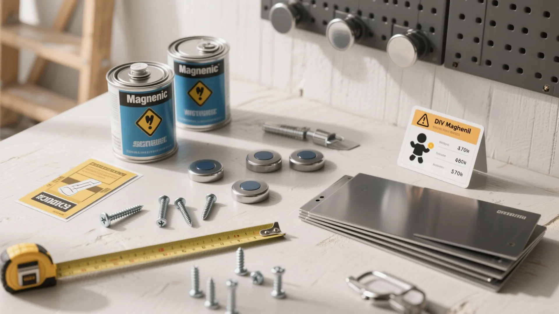 Various home repair supplies including paint cans screws tape measure and metal plates on table